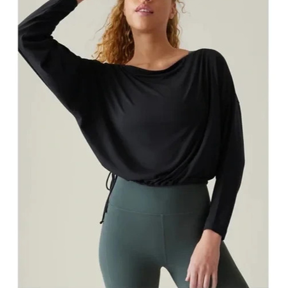 NWT Athleta Cool Down Black Long Sleeve Modal Drawstring Yoga Top Size Medium M - Picture 12 of 13